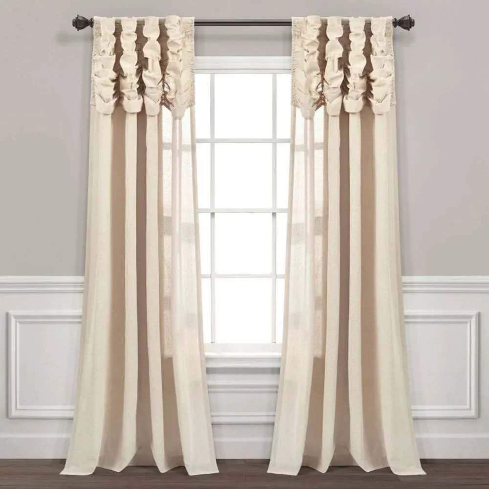 Ruffled Top Sheer Curtain Panels in Cream and Beige